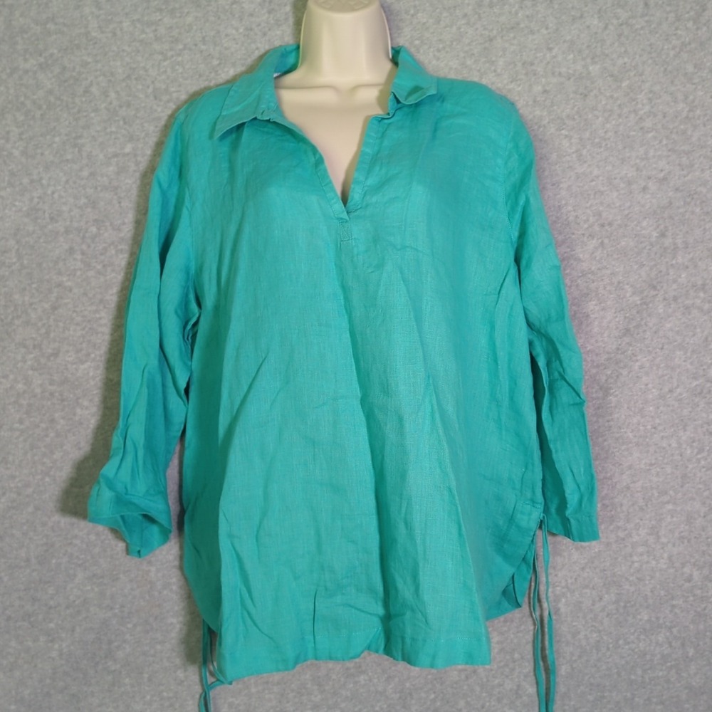 New Isaac Mizrahi Women's Aqua Green 3/4 Sleeve Tunic V-Neck 100% Linen Shirt XL